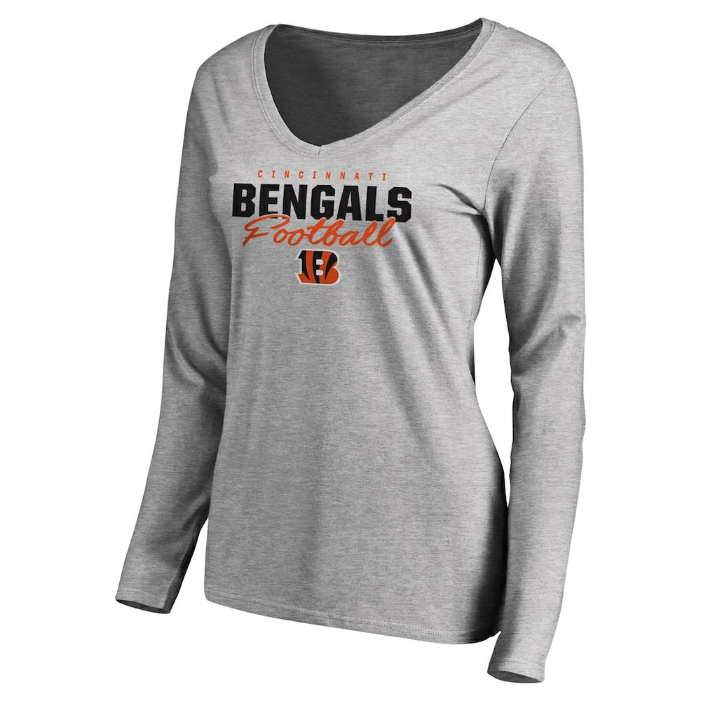 Cincinnati Bengals Women's Iconic Collection Script Assist Long Sleeve V-Neck T-Shirt - Ash T-shirts