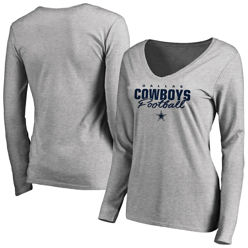 Dallas Cowboys Women's Iconic Collection Script Assist Long Sleeve V-Neck T-Shirt - Ash T-shirts