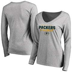 Green Bay Packers Women's Iconic Collection Script Assist Long Sleeve V-Neck T-Shirt - Ash T-shirts