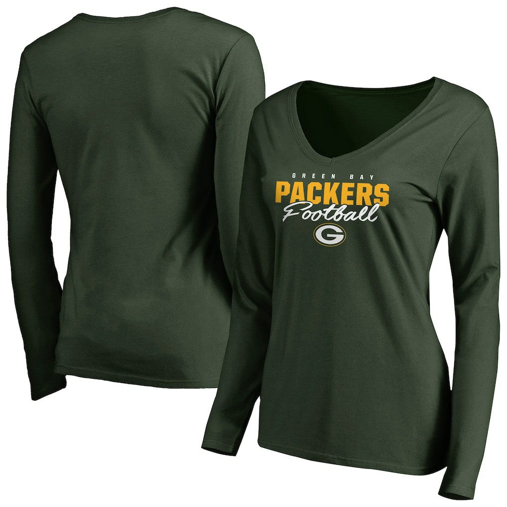Green Bay Packers Women's Iconic Collection Script Assist Long Sleeve V-Neck T-Shirt - Green T-shirts