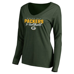 Green Bay Packers Women's Iconic Collection Script Assist Long Sleeve V-Neck T-Shirt - Green T-shirts