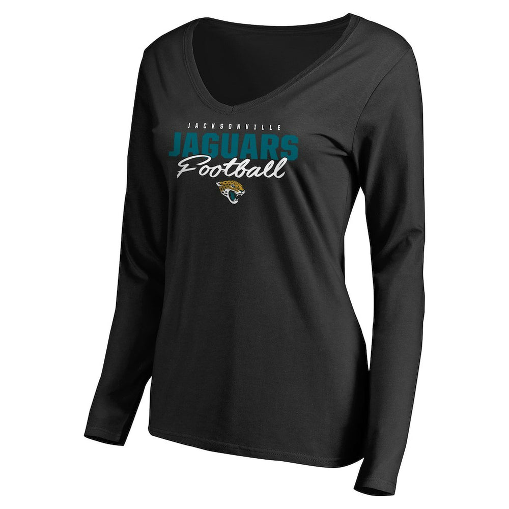 Jacksonville Jaguars Women's Iconic Collection Script Assist Long Sleeve V-Neck T-Shirt - Black T-shirts