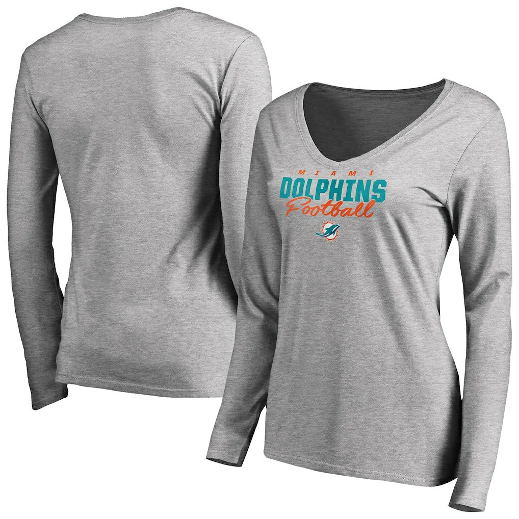 Miami Dolphins Women's Iconic Collection Script Assist Long Sleeve V-Neck T-Shirt - Ash T-shirts
