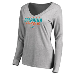 Miami Dolphins Women's Iconic Collection Script Assist Long Sleeve V-Neck T-Shirt - Ash T-shirts