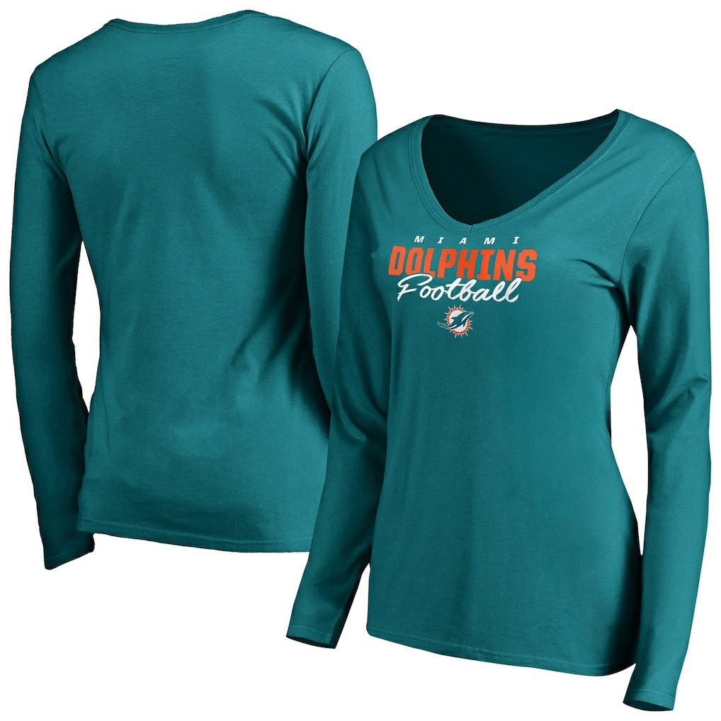 Miami Dolphins Women's Iconic Collection Script Assist Long Sleeve V-Neck T-Shirt - Aqua T-shirts