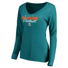 Miami Dolphins Women's Iconic Collection Script Assist Long Sleeve V-Neck T-Shirt - Aqua T-shirts