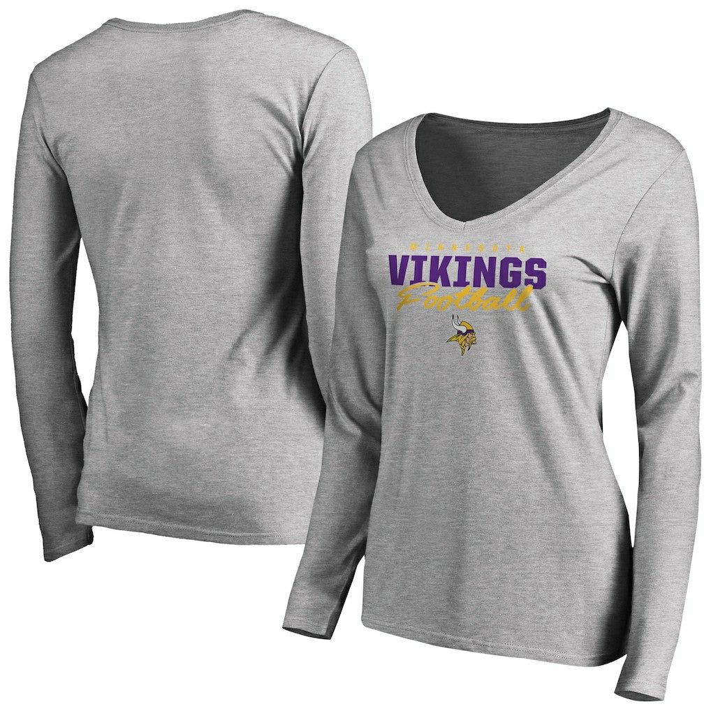 Minnesota Vikings Women's Iconic Collection Script Assist Long Sleeve V-Neck T-Shirt - Ash T-shirts