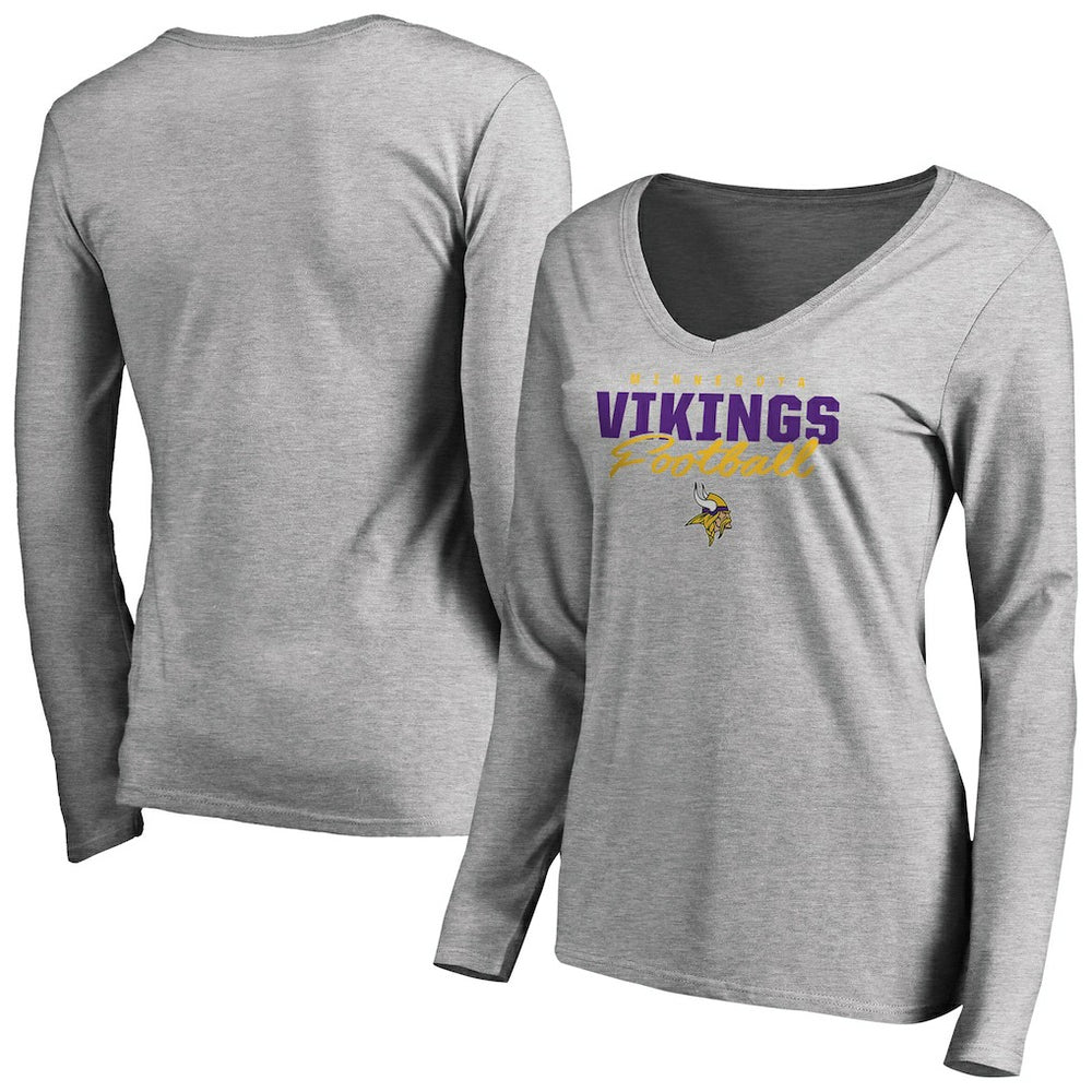Minnesota Vikings Women's Iconic Collection Script Assist Long Sleeve V-Neck T-Shirt - Ash T-shirts