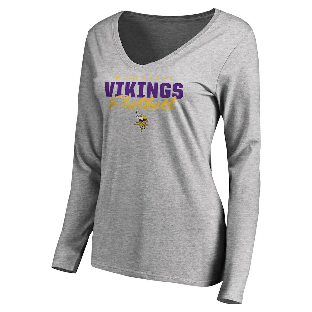 Minnesota Vikings Women's Iconic Collection Script Assist Long Sleeve V-Neck T-Shirt - Ash T-shirts