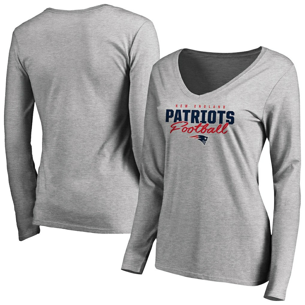 New England Patriots Women's Iconic Collection Script Assist Long Sleeve V-Neck T-Shirt - Ash T-shirts