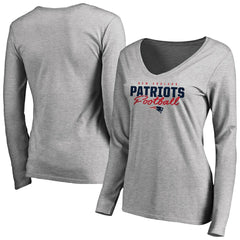 New England Patriots Women's Iconic Collection Script Assist Long Sleeve V-Neck T-Shirt - Ash T-shirts