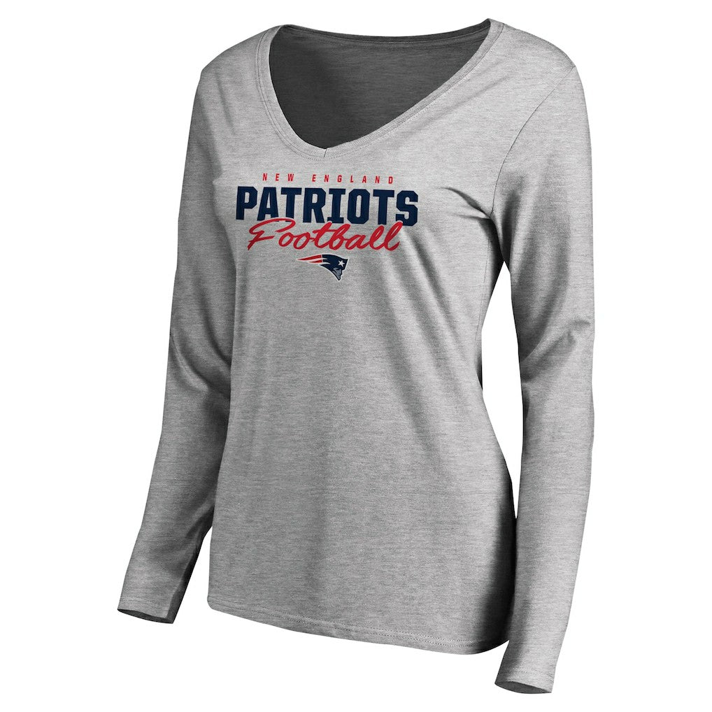 New England Patriots Women's Iconic Collection Script Assist Long Sleeve V-Neck T-Shirt - Ash T-shirts