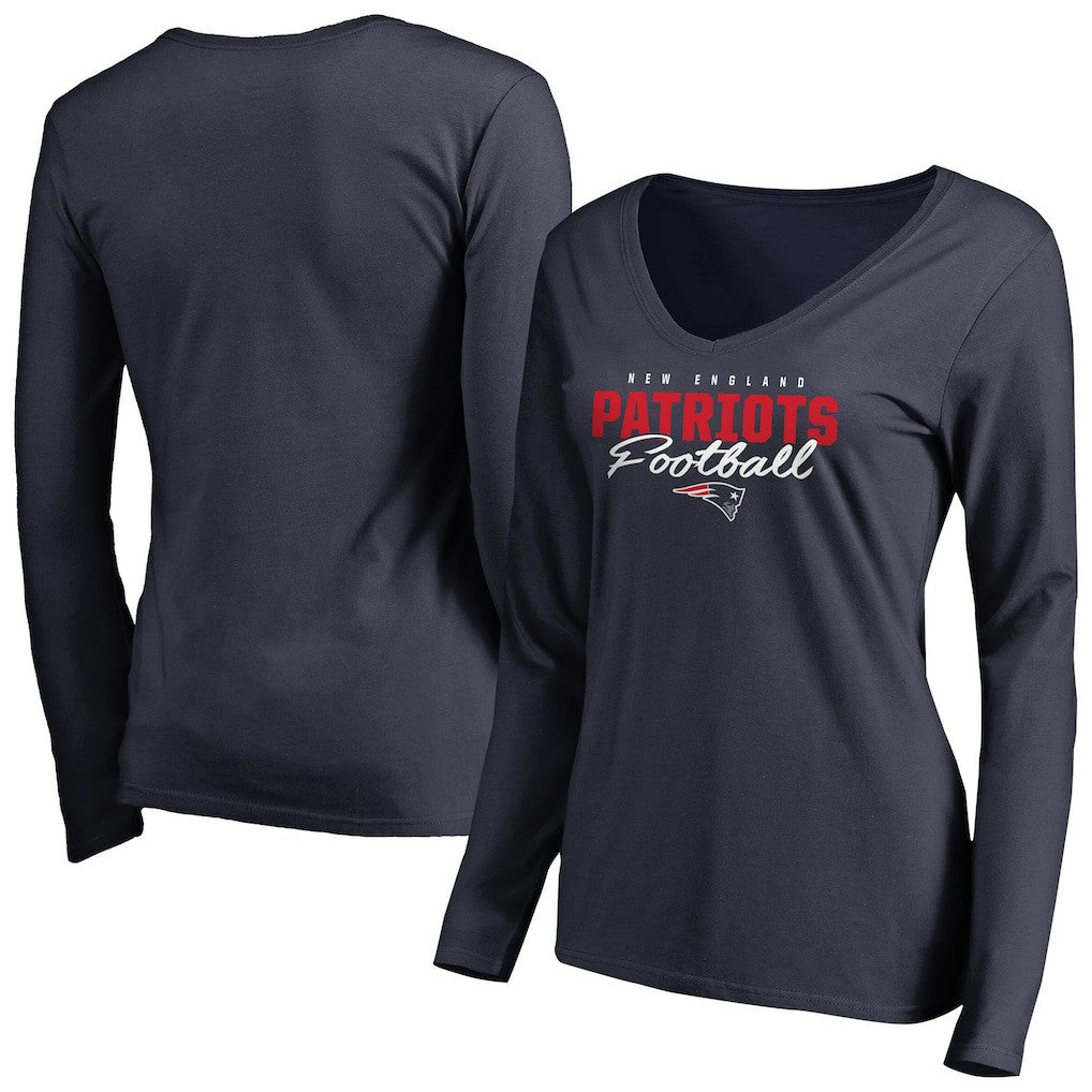 New England Patriots Women's Iconic Collection Script Assist Long Sleeve V-Neck T-Shirt - Navy T-shirts
