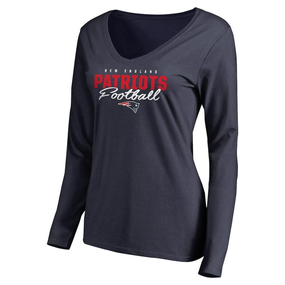 New England Patriots Women's Iconic Collection Script Assist Long Sleeve V-Neck T-Shirt - Navy T-shirts