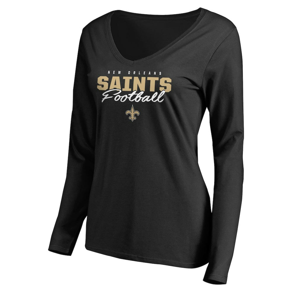 New Orleans Saints Women's Iconic Collection Script Assist Long Sleeve V-Neck T-Shirt - Black T-shirts