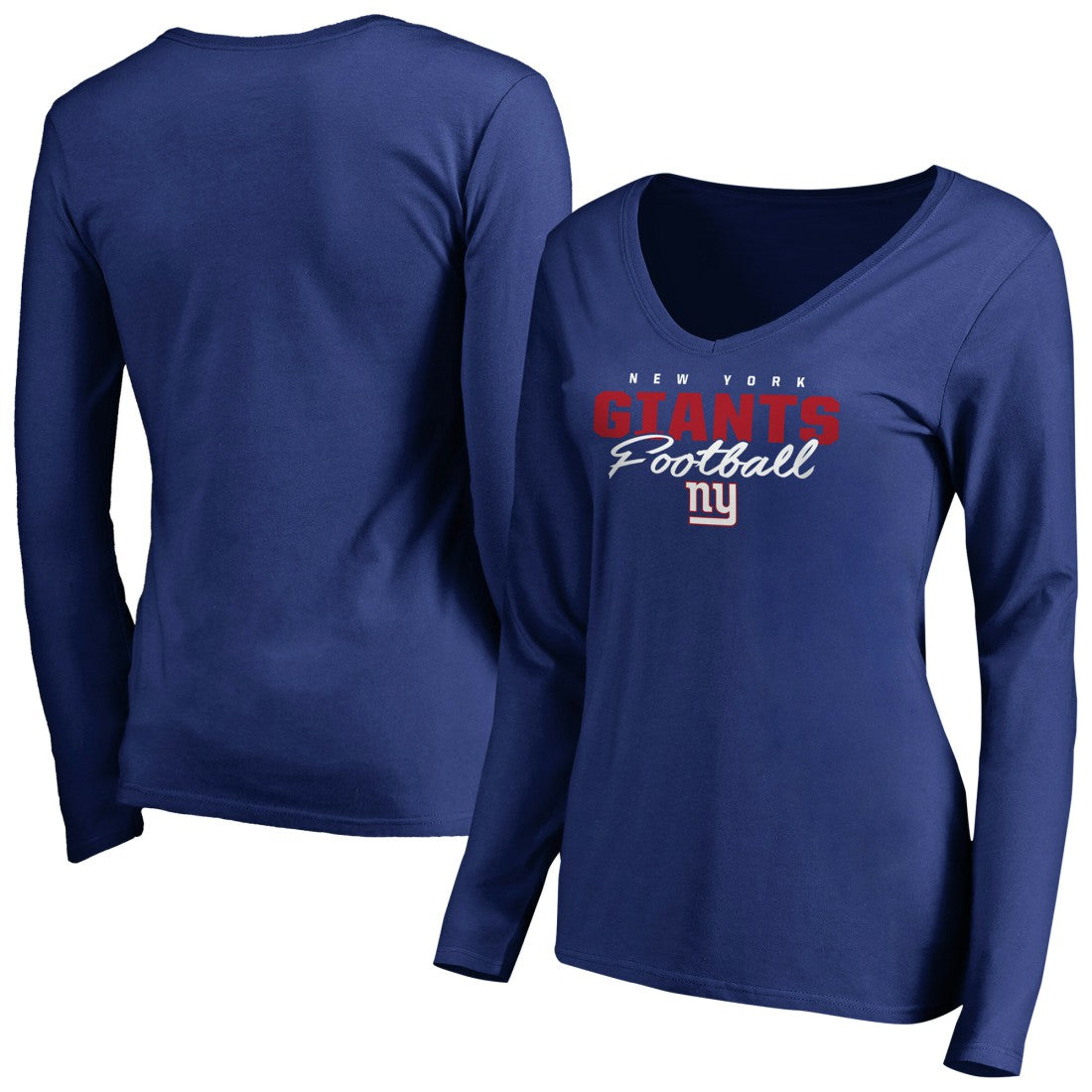 New York Giants Women's Iconic Collection Script Assist Long Sleeve V-Neck T-Shirt - Royal T-shirts