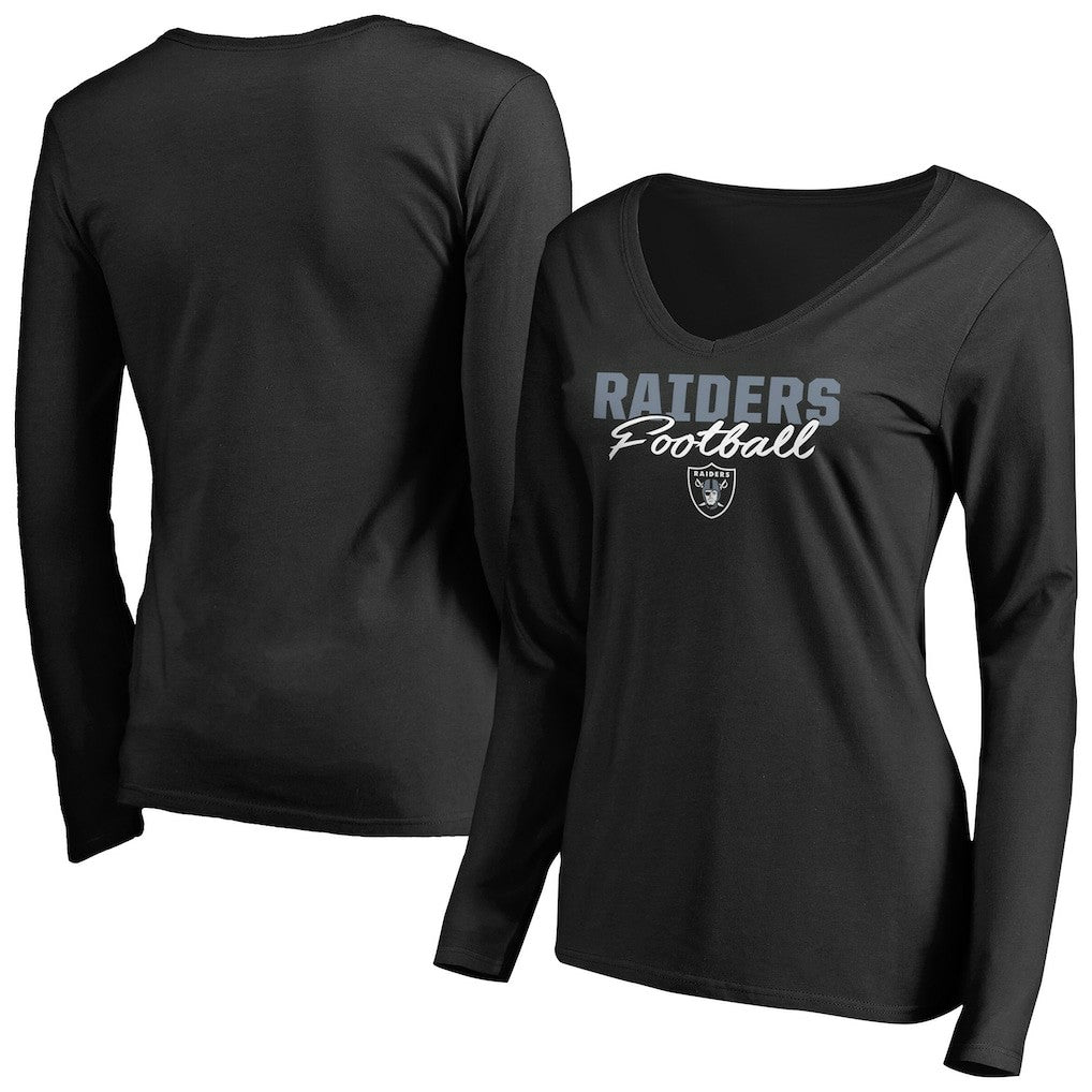 Las Vegas Raiders Women's Iconic Collection Script Assist Long Sleeve V-Neck T-Shirt - Black T-shirts