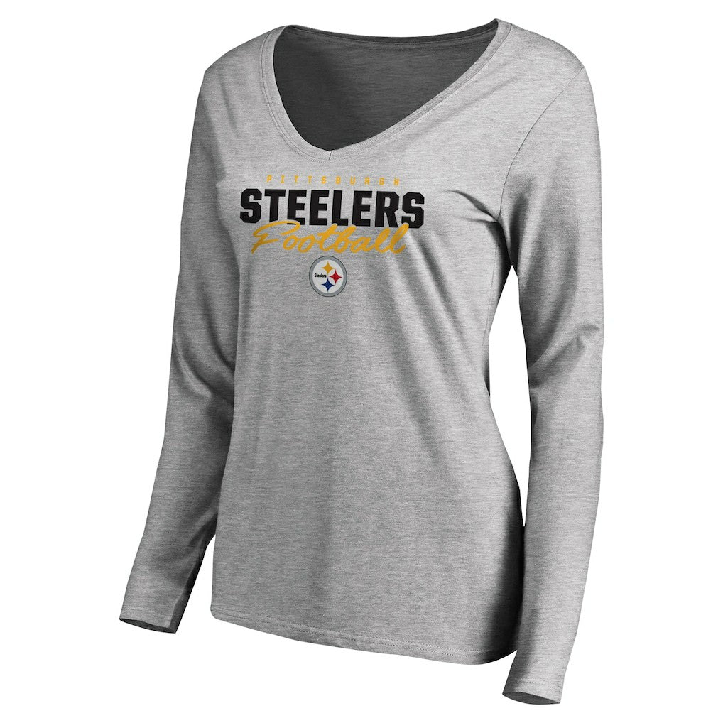Pittsburgh Steelers Women's Iconic Collection Script Assist Long Sleeve V-Neck T-Shirt - Ash T-shirts