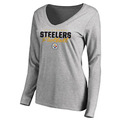 Pittsburgh Steelers Women's Iconic Collection Script Assist Long Sleeve V-Neck T-Shirt - Ash T-shirts