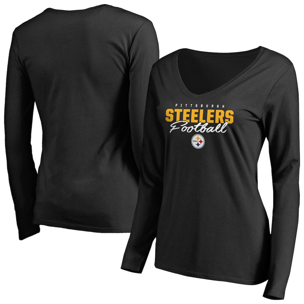 Pittsburgh Steelers Women's Iconic Collection Script Assist Long Sleeve V-Neck T-Shirt - Black T-shirts