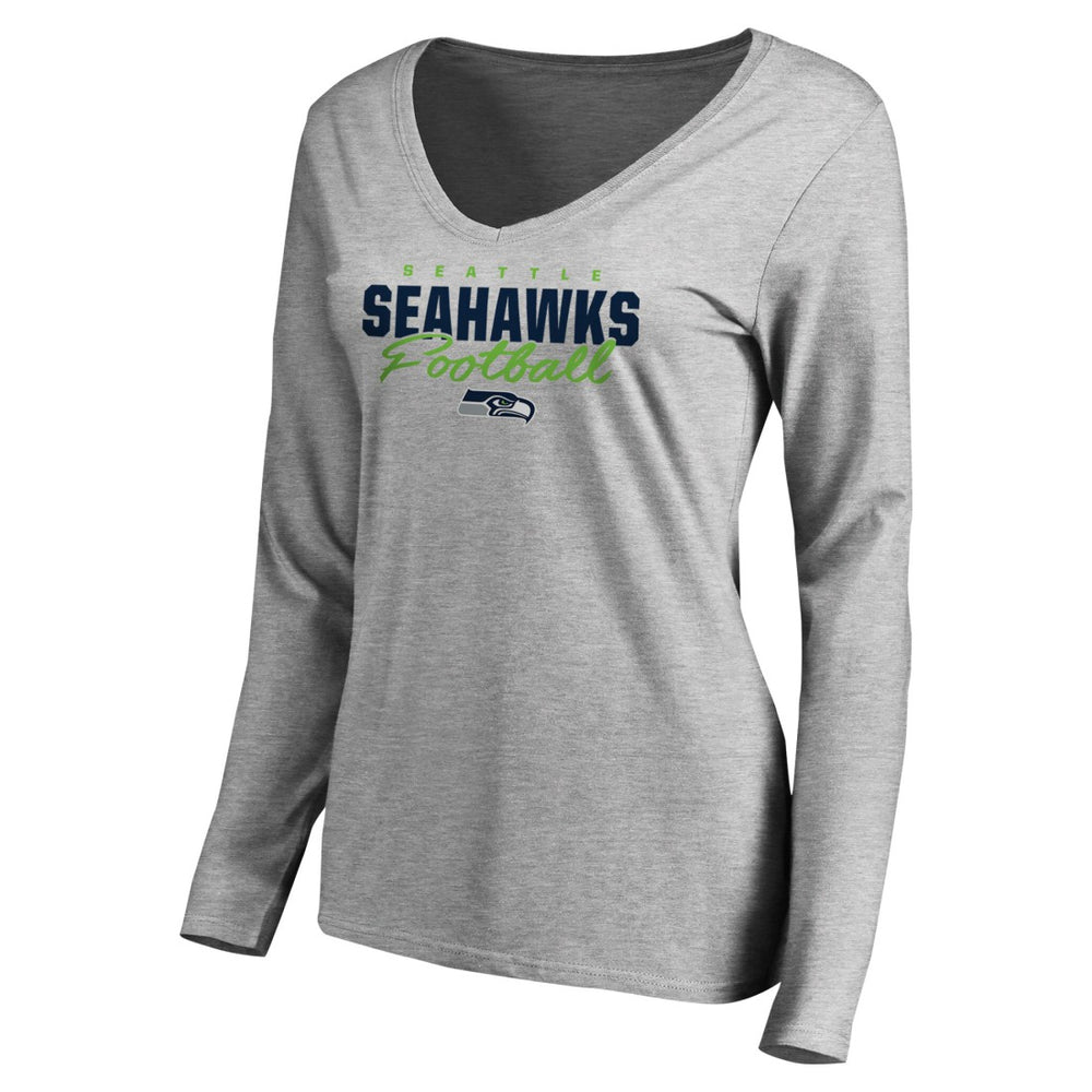 Seattle Seahawks Women's Iconic Collection Script Assist Long Sleeve V-Neck T-Shirt - Ash T-shirts