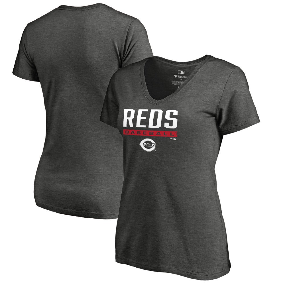 Cincinnati Reds Women's Win Stripe V-Neck T-Shirt - Ash T-shirts
