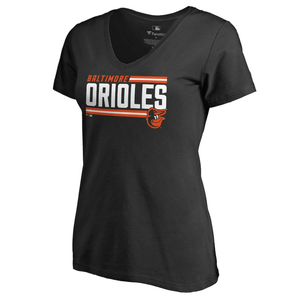 Baltimore Orioles Women's Onside Stripe V-Neck T-Shirt - Black T-shirts