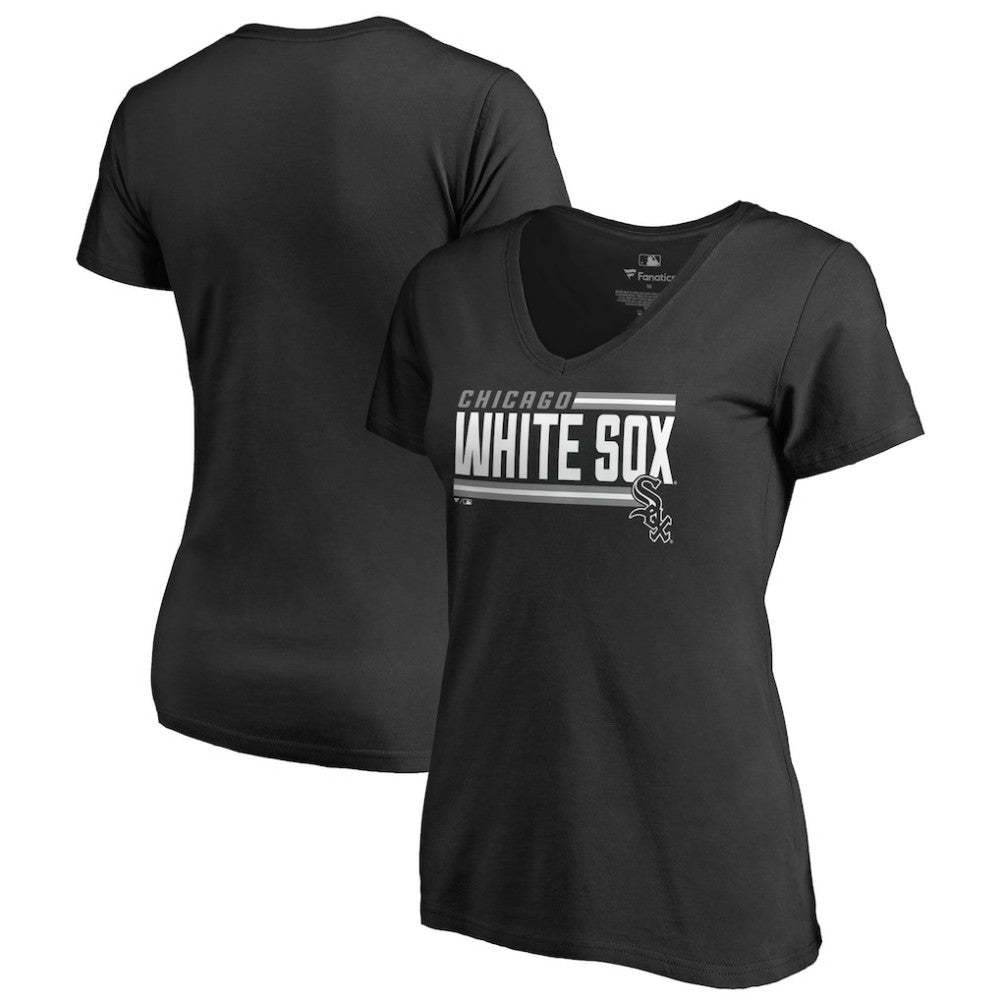 Chicago White Sox Women's Onside Stripe V-Neck T-Shirt - Black T-shirts