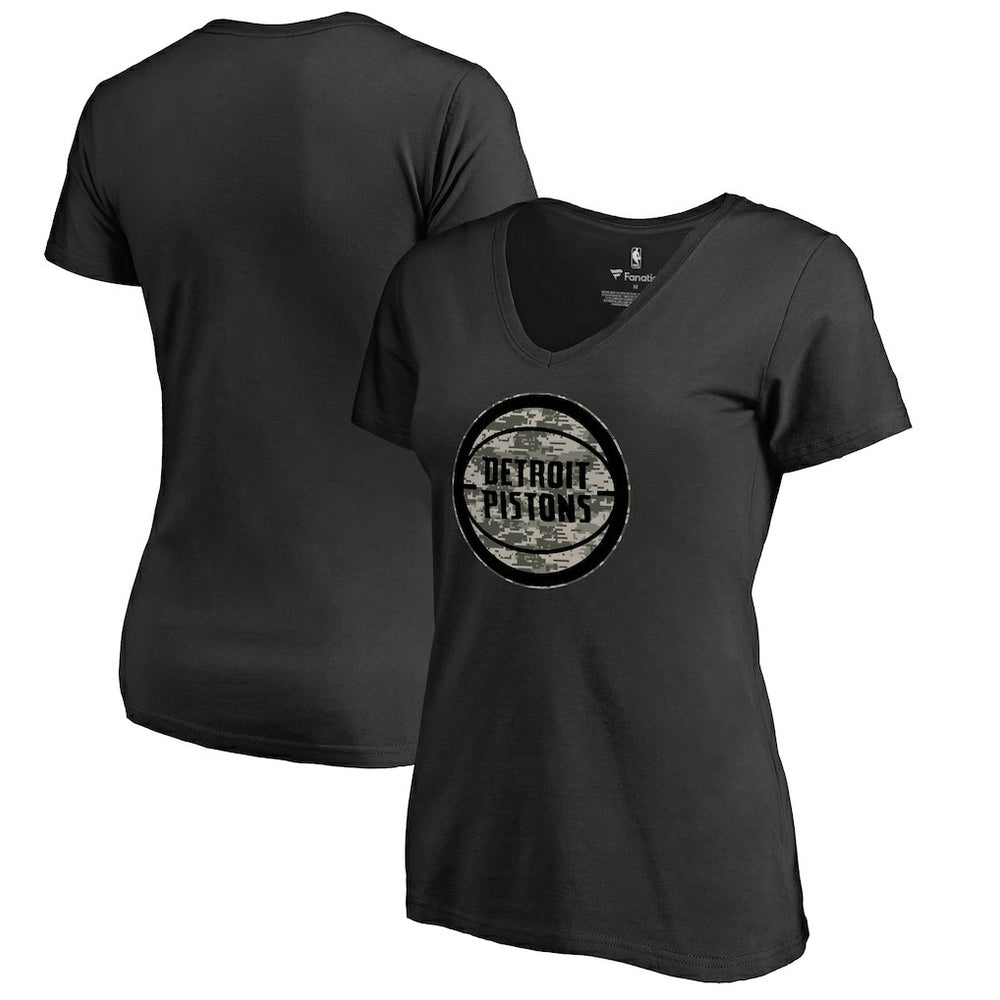 Detroit Pistons Women's Cloak Camo V-Neck T-Shirt Black