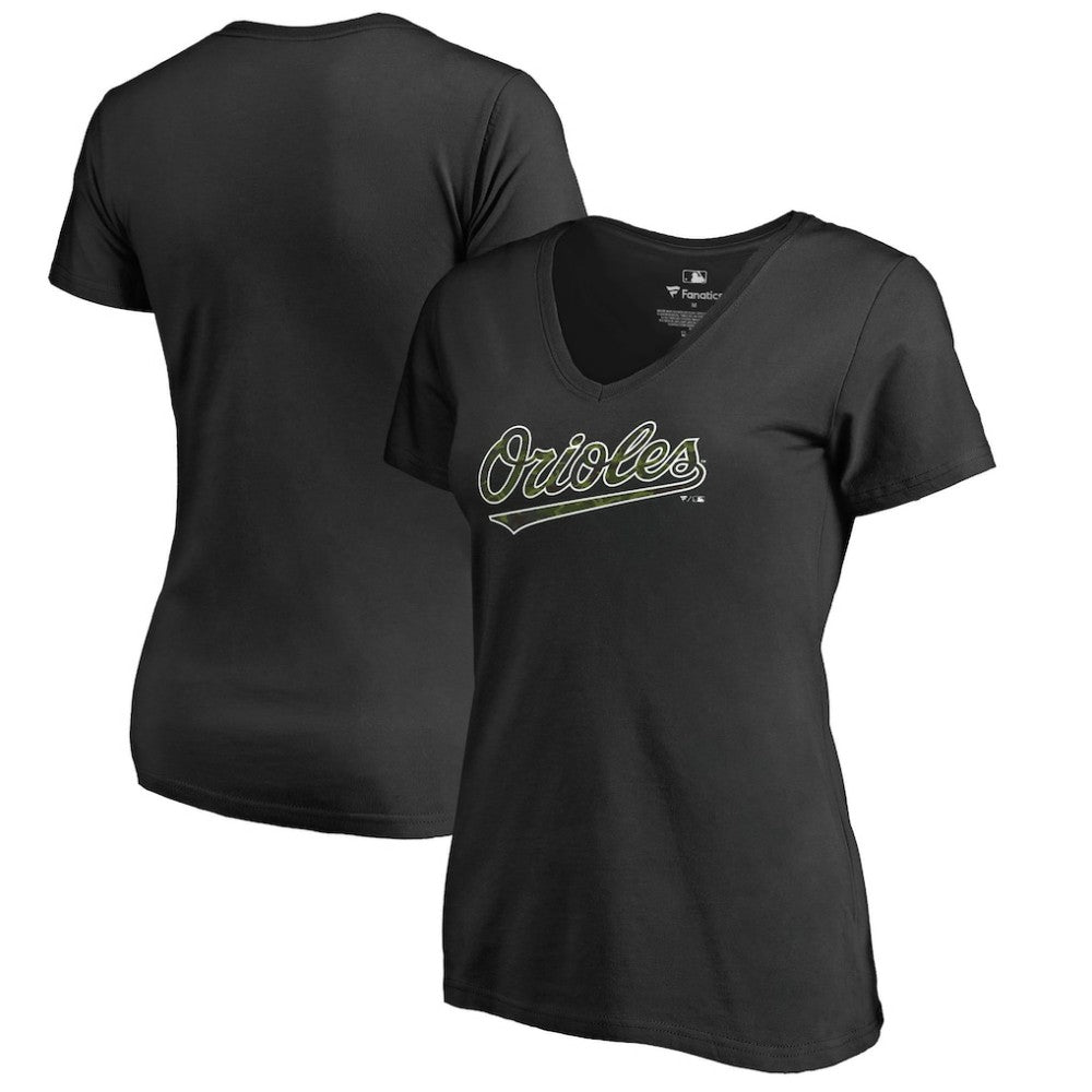 Baltimore Orioles Women's Armed Forces Wordmark T-Shirt - Black T-shirts