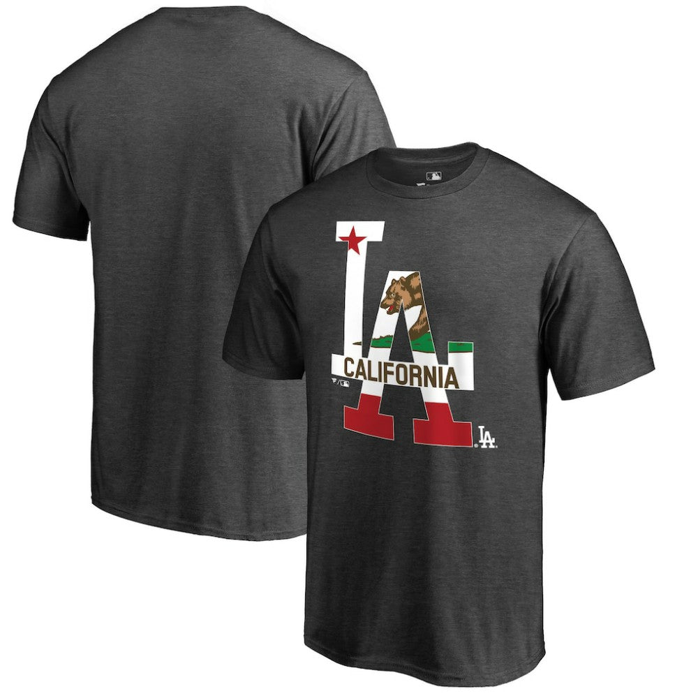 Los Angeles Dodgers Hometown Collection Cali Flag T-Shirt - Heathered Charcoal T-shirts