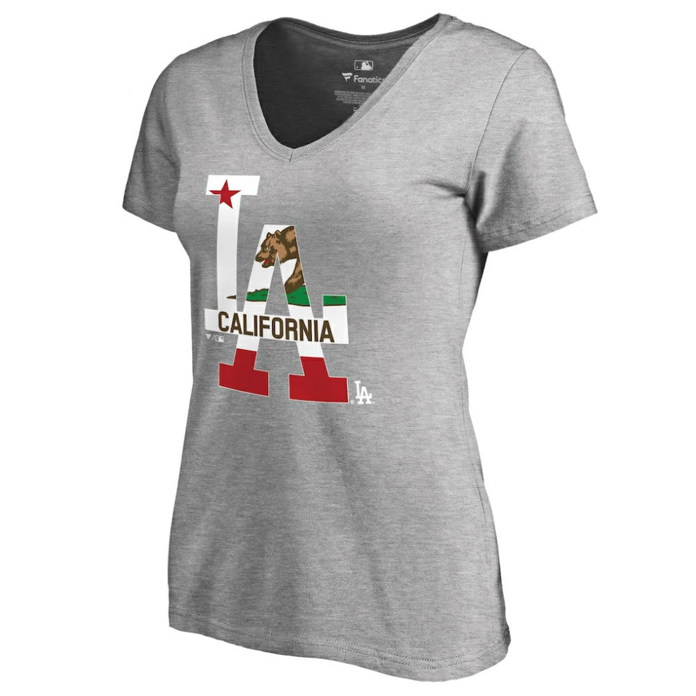 Los Angeles Dodgers Women's Hometown Collection Cali Flag T-Shirt - Heathered Gray T-shirts