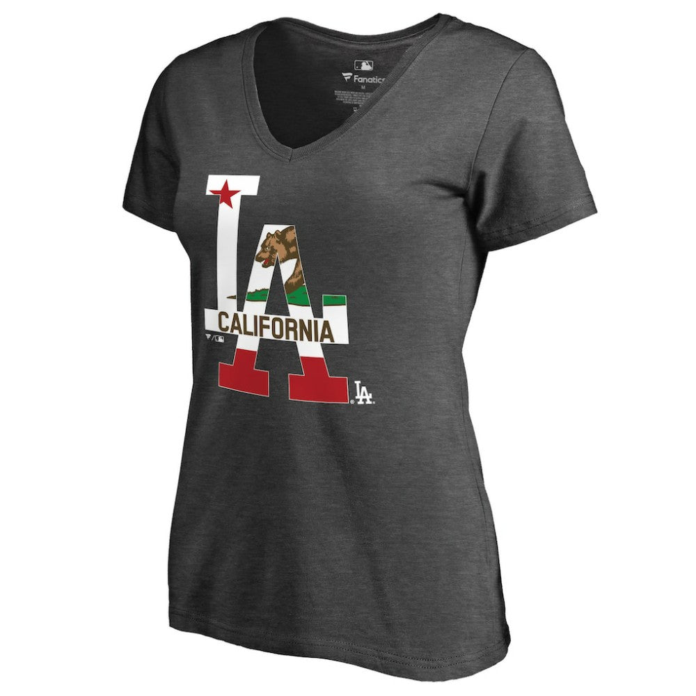 Los Angeles Dodgers Women's Hometown Collection Cali Flag T-Shirt - Heathered Charcoal T-shirts