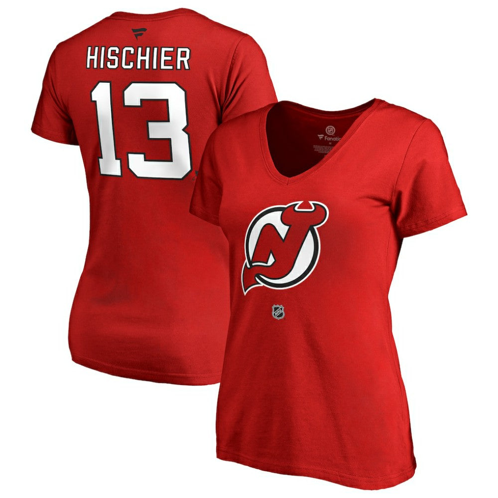 Nico Hischier New Jersey Devils Women's Authentic Stack Name & Number V-Neck T-Shirt - Red | US 3214673