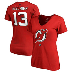 Nico Hischier New Jersey Devils Women's Authentic Stack Name & Number V-Neck T-Shirt - Red | US 3214673