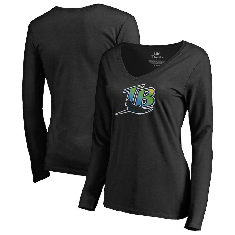 Tampa Bay Rays Women's Cooperstown Collection Forbes Long Sleeve V-Neck T-Shirt - Black T-shirts