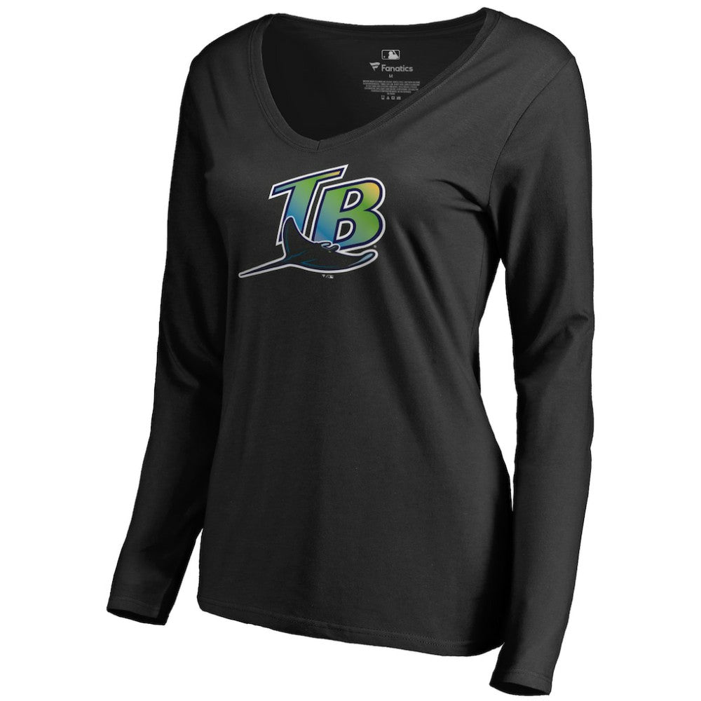 Tampa Bay Rays Women's Cooperstown Collection Forbes Long Sleeve V-Neck T-Shirt - Black T-shirts