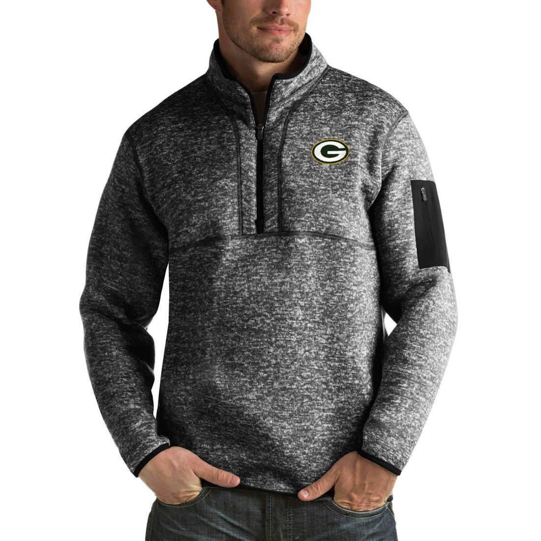 Green Bay Packers Antigua Fortune Big & Tall Quarter-Zip Pullover Jacket - Heather Black Pullover