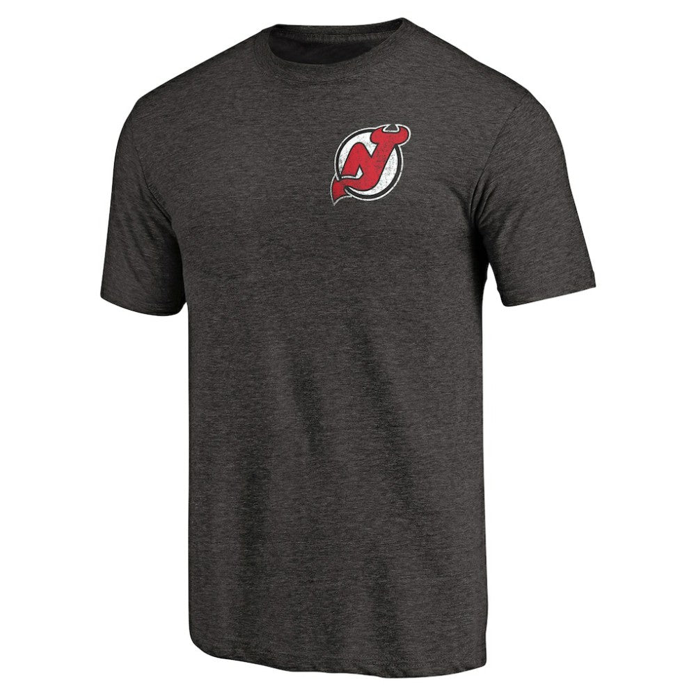 New Jersey Devils Primary Logo Left Chest Distressed Tri-Blend T-Shirt - Black | US 3254347