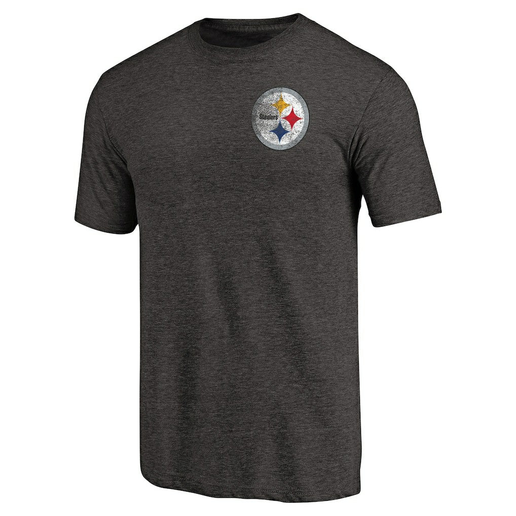 Pittsburgh Steelers Primary Logo Left Chest Distressed Tri-Blend T-Shirt - Heathered Black T-shirts