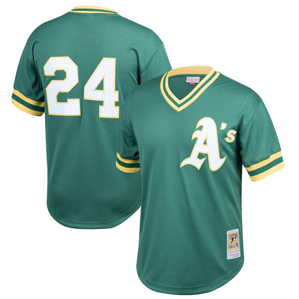 Rickey Henderson Athletics Mitchell & Ness Youth Cooperstown Collection Mesh Batting Practice Jersey - Green Jerseys