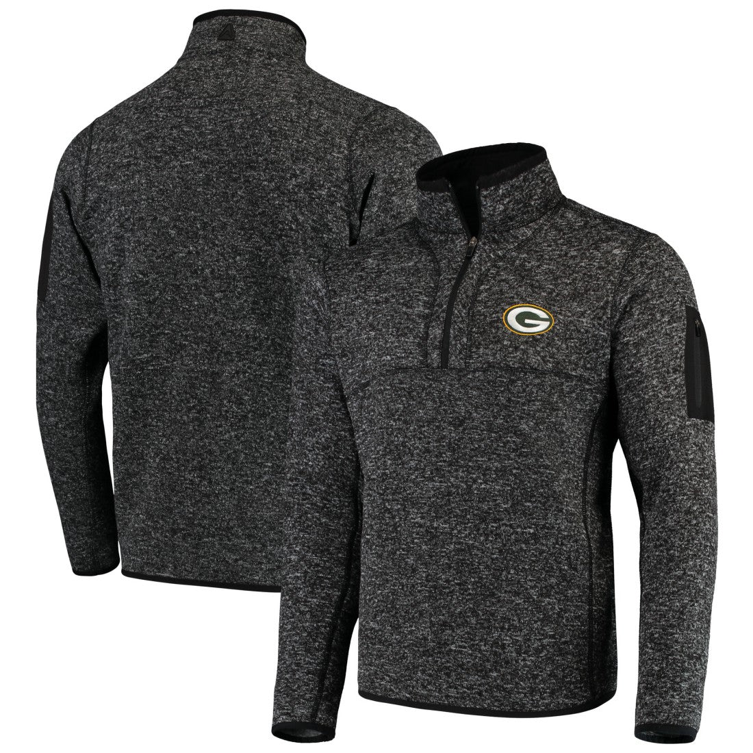 Green Bay Packers Antigua Fortune Quarter-Zip Pullover Jacket - Heather Black Pullover