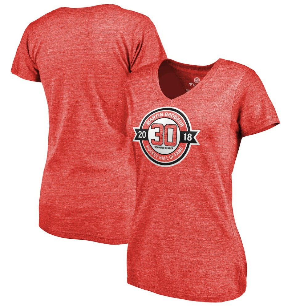 Martin Brodeur New Jersey Devils Fanatics Women's Hall of Fame V-Neck Tri-Blend T-Shirt - Red | US 3344795