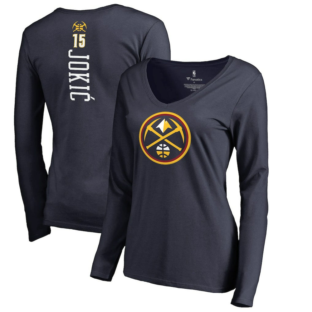 Nikola Jokic Denver Nuggets Women's Team Backer Name & Number Long Sleeve V-Neck T-Shirt Navy outlet