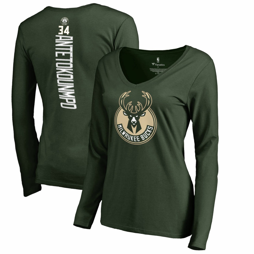 Giannis Antetokounmpo Milwaukee Bucks Women's Team Backer Name & Number Long Sleeve V-Neck T-Shirt Hunter Green