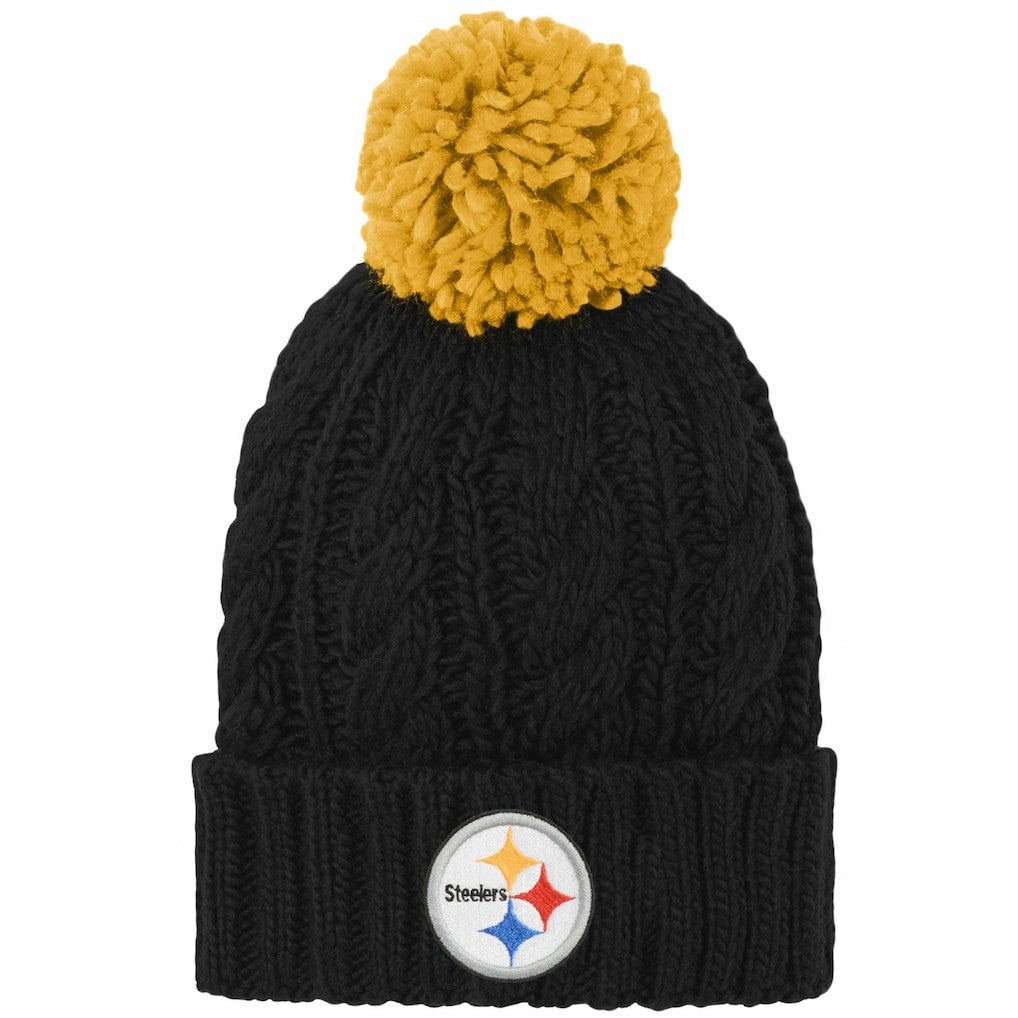 Pittsburgh Steelers Girls Youth Team Cable Cuffed Knit Hat with Pom - Black Hats