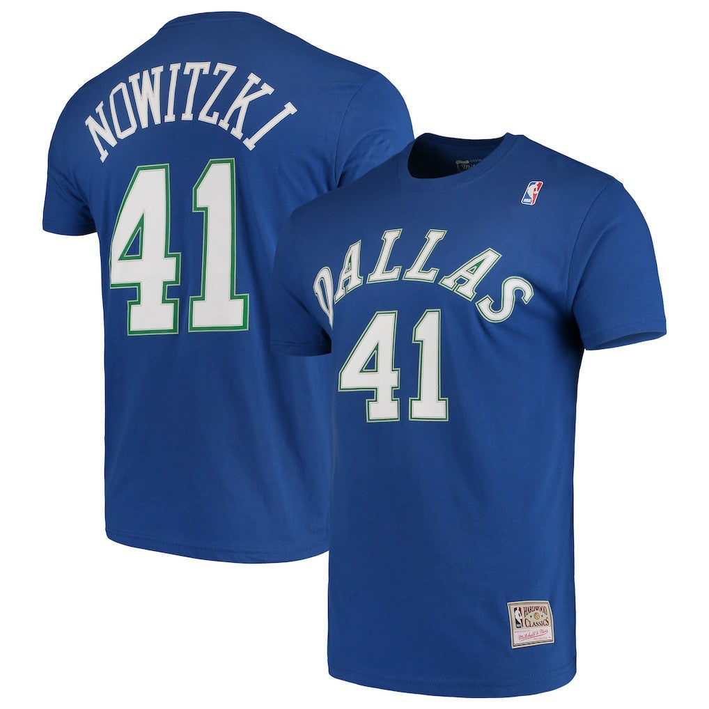 Dirk Nowitzki Dallas Mavericks Hardwood Classics Team Name & Number T-Shirt Blue - Mitchell & Ness