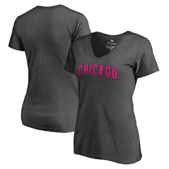 Chicago Cubs Women's Pink Wordmark V-Neck T-Shirt - Heathered Gray T-shirts