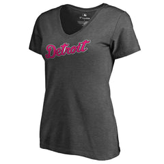 Detroit Tigers Women's Pink Wordmark V-Neck T-Shirt - Heathered Gray T-shirts