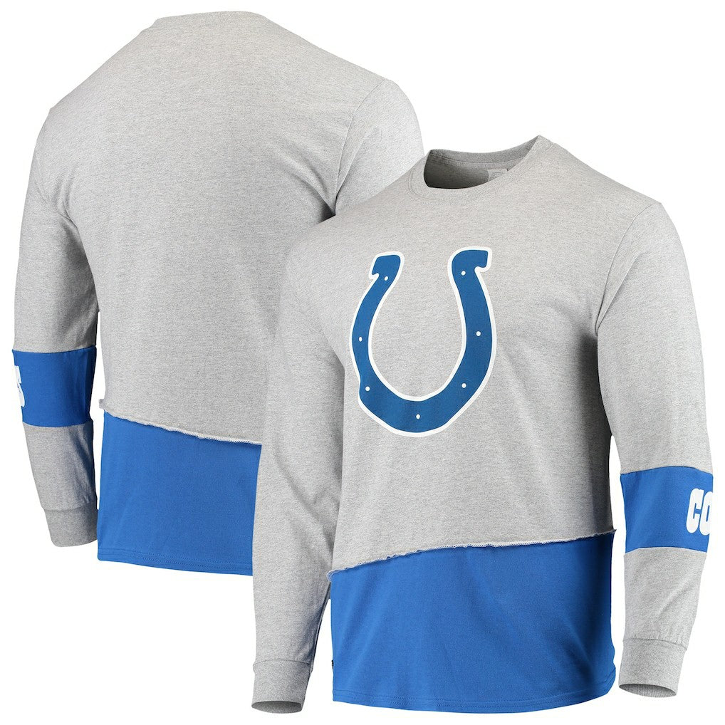 Indianapolis Colts Refried Apparel Sustainable Upcycled Angle Long Sleeve T-Shirt - Gray/Royal T-shirts